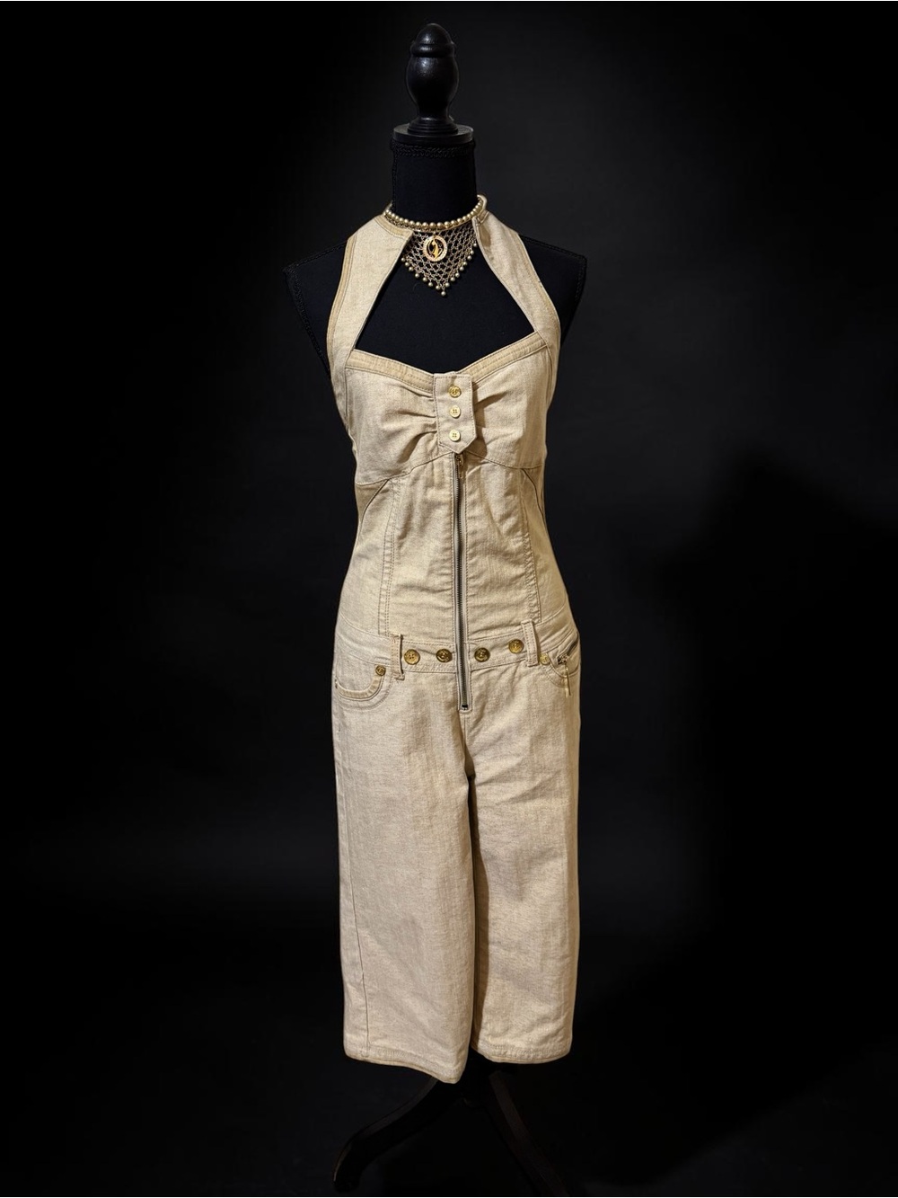 Beige Apple Bottom Halter Denim Jumpsuit with Front Zip Sz Sm